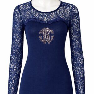 Roberto Cavalli Blue Lace Top Crystal Logo Italian Designer Stretch Shirt